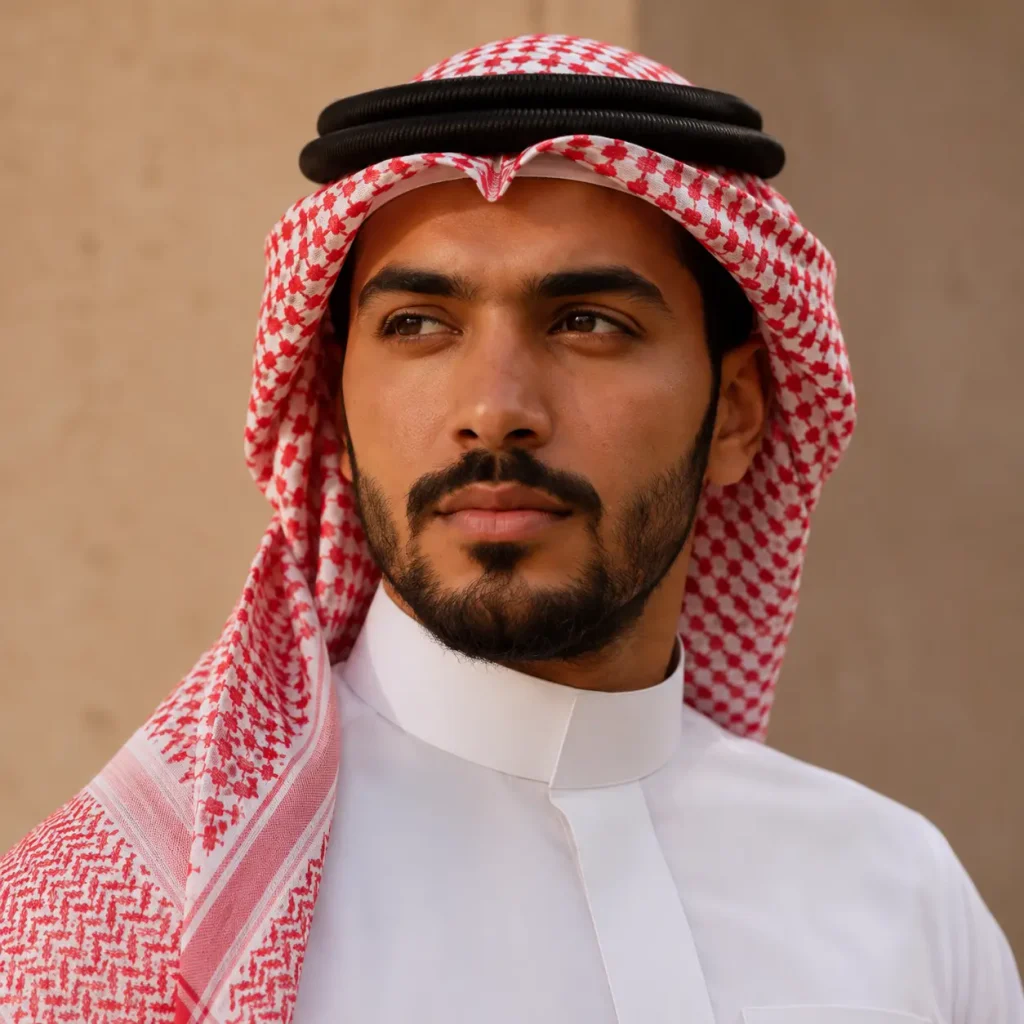 شماغ أحمر وأبيض تقليدي مع العقال